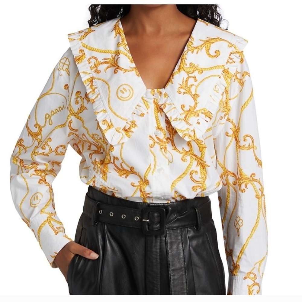 💯 GANNI White/Gold Peter-Pan Collar Blouse